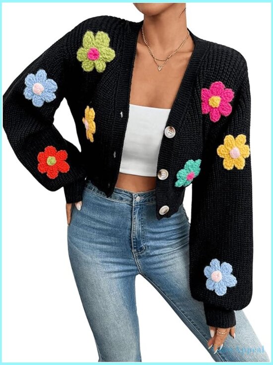 Sweaters - Button Down Lantern Sleeve V Neck Knitted Cropped Cardigan Sweater
